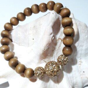 Stella & Dot Prosper Wooden Bead Stretch Bracelet Rhinestone Accents